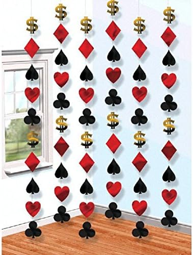 Casino Foil String Decorations – 7′ (Pack of 6) – Red, Black, & Gold Casino Party Icons – Perfect for Game Night, Vegas-Themed Events, and More