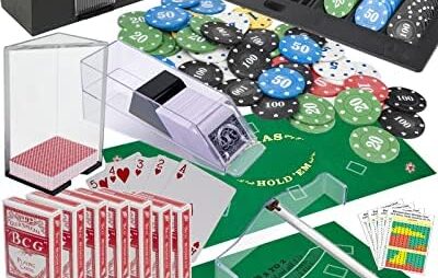 MrCarbon Casino Set: Shuffler + Card Shoe + 360pcs Chips + Double-Sided Felt + 8xDeck Playing Cards + Chip Rake + Bell + Dice + 10xCut Cards + 4xCasino Buttons + 4pcs Batteries + (Casino Super Set)
