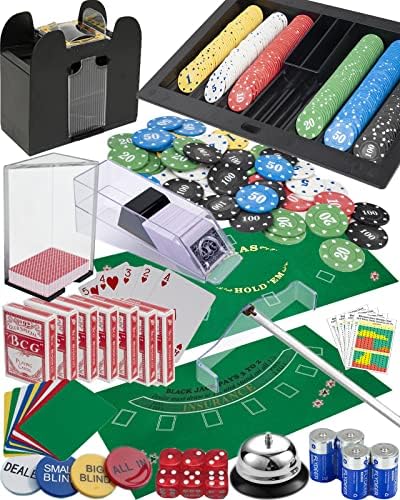 MrCarbon Casino Set: Shuffler + Card Shoe + 360pcs Chips + Double-Sided Felt + 8xDeck Playing Cards + Chip Rake + Bell + Dice + 10xCut Cards + 4xCasino Buttons + 4pcs Batteries + (Casino Super Set)