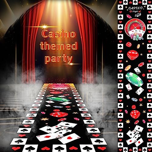 Thyle Casino Party Carpet Disco Runner Rug Party Aisle Hallway Rug 10 ft Area Track Floor Runner Non Slip Western Poker Rug with 2 Carpet Tape for Decor Birthday Theme Gathering (Casino)