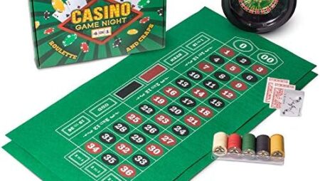 Brybelly Casino Night 4-in-1 Complete Game Set with Felts, Wheel, 100 Chips, Dice & Cards for Blackjack, Craps, Roulette & Texas Hold’em – Green Felt Double Sided Casino Tabletop Gaming Mat