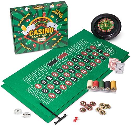 Brybelly Casino Night 4-in-1 Complete Game Set with Felts, Wheel, 100 Chips, Dice & Cards for Blackjack, Craps, Roulette & Texas Hold’em – Green Felt Double Sided Casino Tabletop Gaming Mat